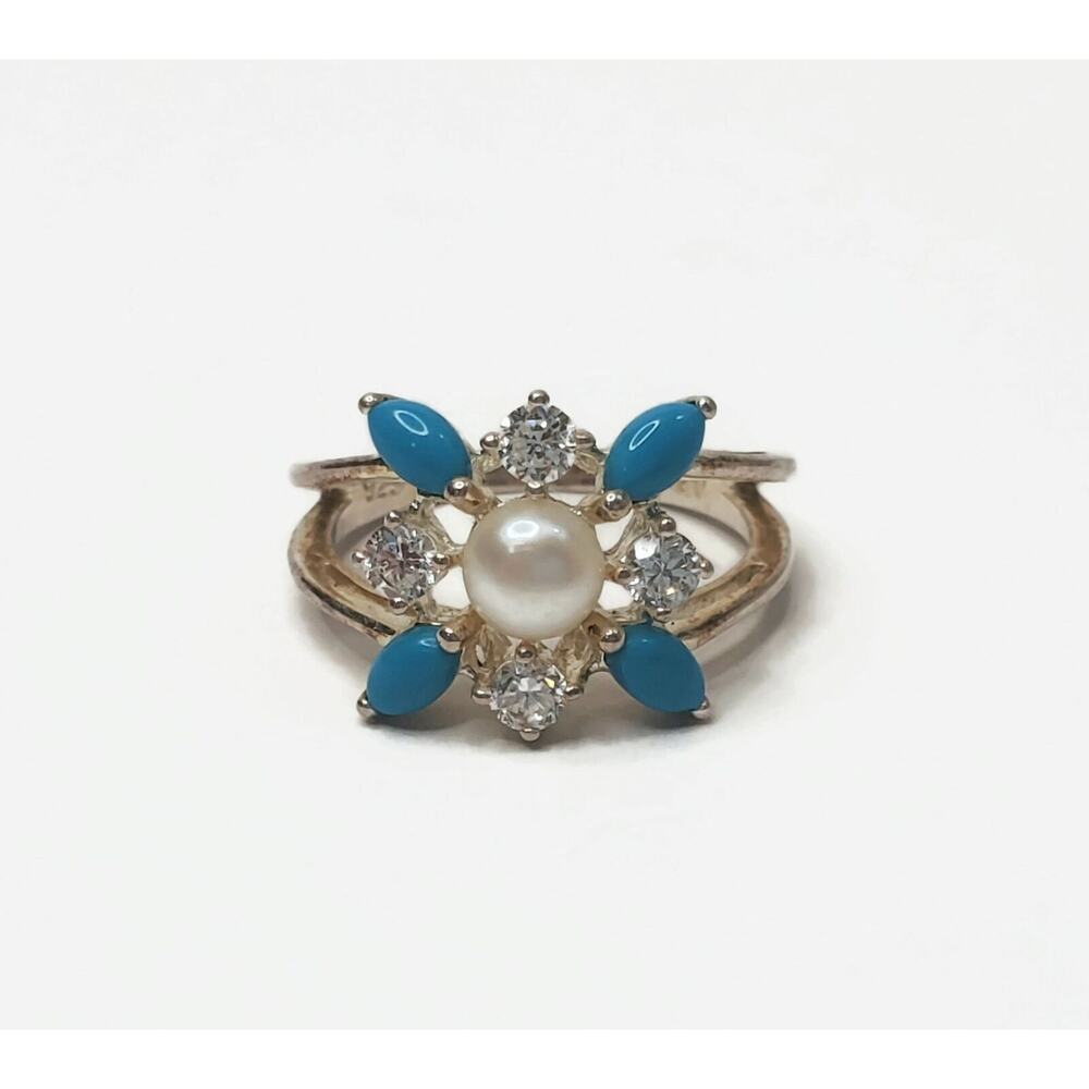 Freshwater Pearl, Faux Turquoise & Rhinestone Sterling Silver Ring Size 9